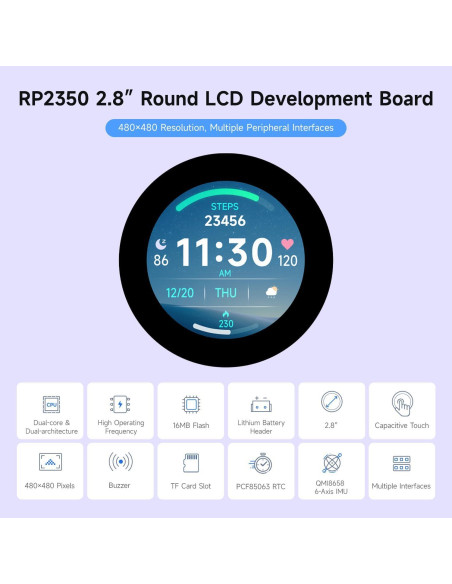 Placa de Desarrollo Waveshare RP2350 2.8" LCD Táctil 480x480