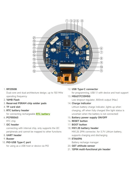 Placa de Desarrollo Waveshare RP2350 2.8" LCD Táctil 480x480