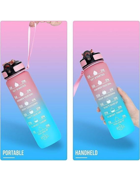 Botella de Agua Motivacional Yipaidel 32 oz con Pajilla Rosa Azul