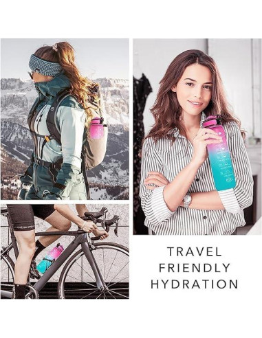 Botella de Agua Motivacional Yipaidel 32 oz con Pajilla Rosa Azul