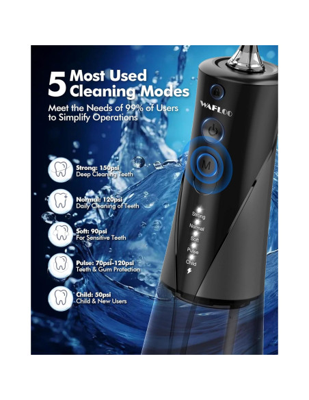 Hilo Dental Eléctrico WAFLOO Y206B - 5 Modos, 300ml, IPX7 Hilo Dental Eléctrico WAFLOO Y206B - 5 Modos, 300ml, IPX7