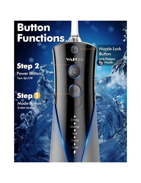 Hilo Dental Eléctrico WAFLOO Y206B - 5 Modos, 300ml, IPX7 Hilo Dental Eléctrico WAFLOO Y206B - 5 Modos, 300ml, IPX7