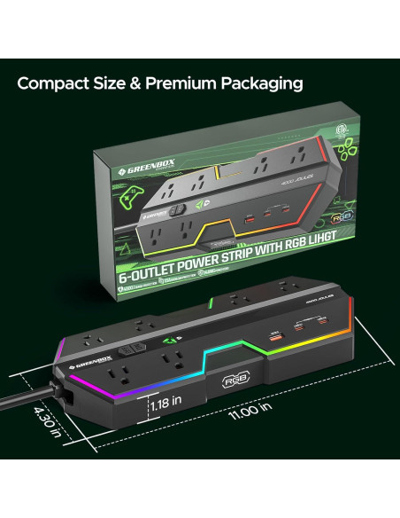 Regleta de Poder Green Box 6 Salidas 4000J USB RGB 20W