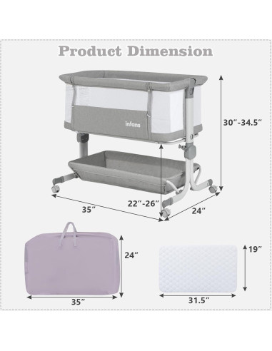 Cuna para Bebés INFANS 3 en 1 Lateral Ajustable Gris