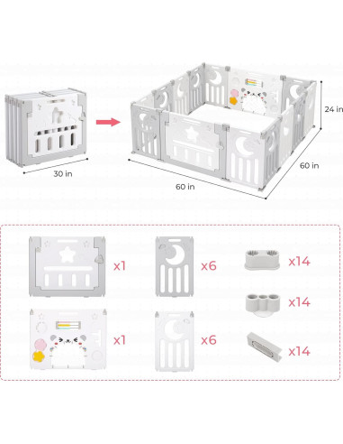 Parque Infantil Plegable Dripex 14 Paneles 1.52x1.52m Gris Blanco