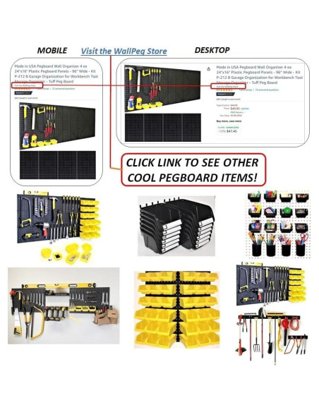 Organizador de Pared WallPeg 243.8cm con Ganchos y Contenedores