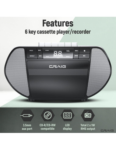 Boombox portátil Craig CD6951-SL con radio AM/FM y casetes