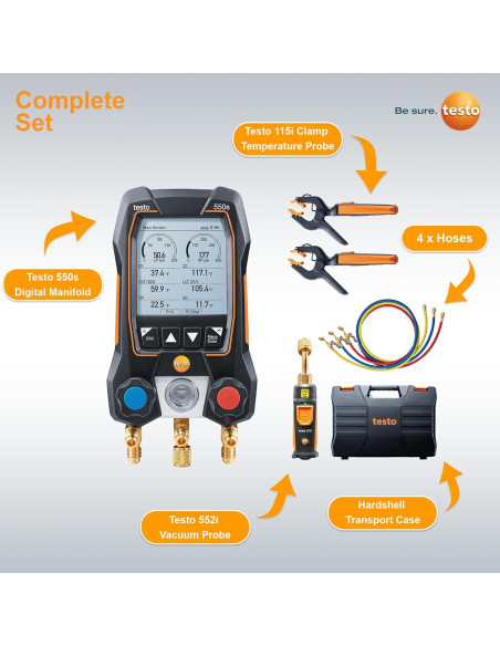 Kit de Manómetros Digitales Testo 550s con 2 Termómetros y 3 Mangueras