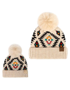 Gorra de Pompón de Piel Mamá y Bebé C.C. Beige Azteca
