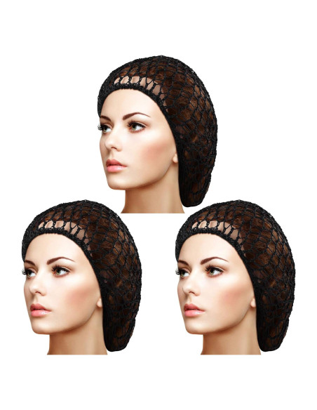 3 Gorras de Red de Cabello de Rayón Suave para Dormir - Negro