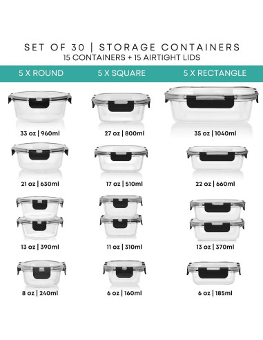 Contenedores de Almacenamiento de Vidrio Razab 30 PC - A prueba de Aire