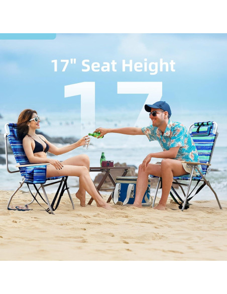 Silla de Playa Alta Yestomo con Reposabrazos de Madera - Rayas Azules