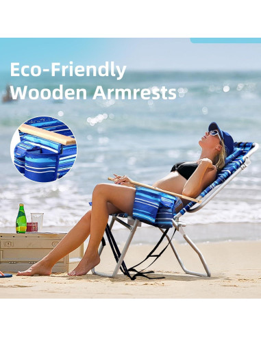 Silla de Playa Alta Yestomo con Reposabrazos de Madera - Rayas Azules