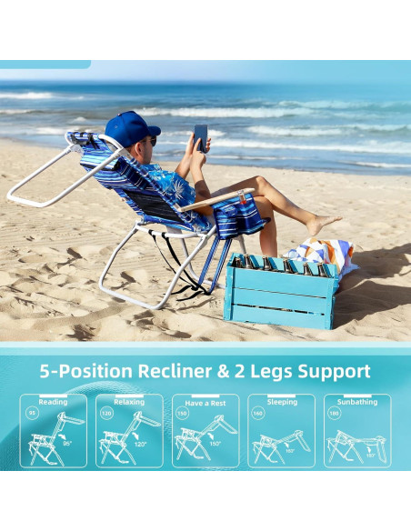 Silla de Playa Alta Yestomo con Reposabrazos de Madera - Rayas Azules