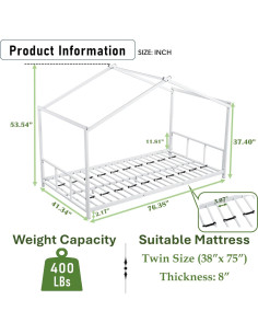 Cama Montessori Twin PVWIIK Metal Casa Blanco con Soporte 2