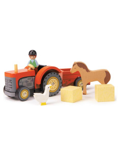 Tractor de Granja de Madera Tender Leaf Toys con Remolque 24x10x11cm