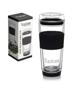 Taza de vidrio doble pared Tupkee 414 ml con tapa - Negro