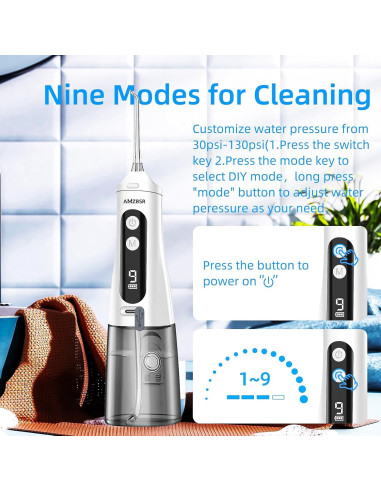 Irrigador Oral Eléctrico AMZBSR Blanco 350ml 9 Modos IPX7
