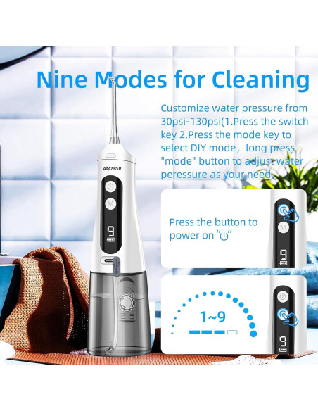 Irrigador Oral Eléctrico AMZBSR Blanco 350ml 9 Modos IPX7