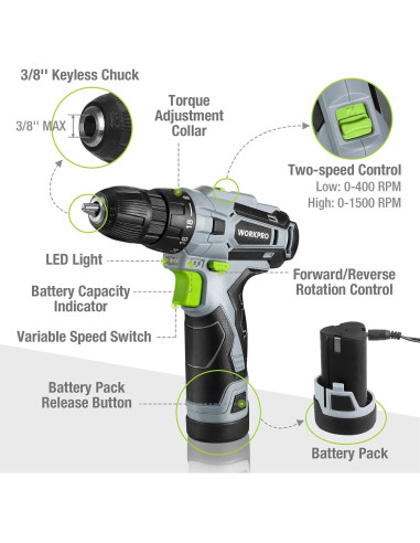 Taladro Inalámbrico WORKPRO 12V + Kit de Herramientas 61 Piezas