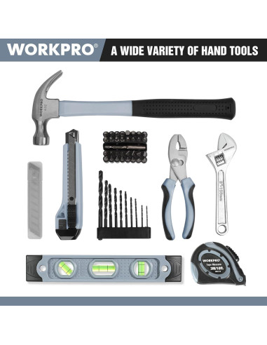 Taladro Inalámbrico WORKPRO 12V + Kit de Herramientas 61 Piezas