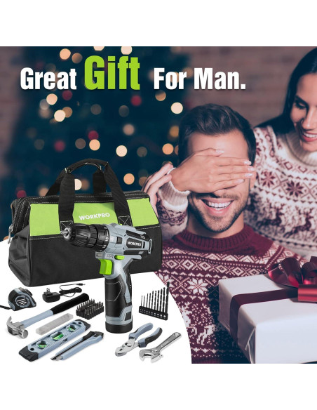 Taladro Inalámbrico WORKPRO 12V + Kit de Herramientas 61 Piezas