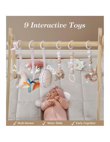 Gimnasio de Juego de Madera Pino Natural con Alfombra 90x43cm