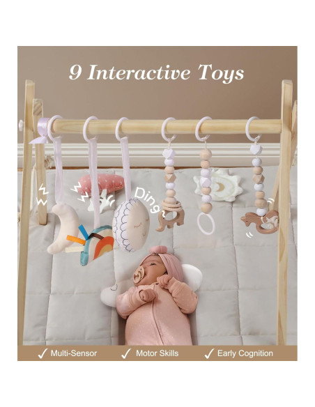 Gimnasio de Juego de Madera Pino Natural con Alfombra 90x43cm Gimnasio de Juego de Madera Pino Natural con Alfombra 90x43cm