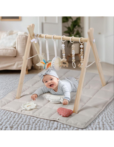 Gimnasio de Juego de Madera Pino Natural con Alfombra 90x43cm