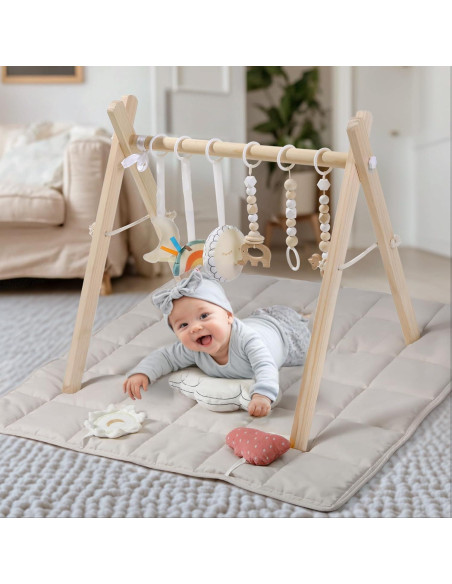 Gimnasio de Juego de Madera Pino Natural con Alfombra 90x43cm Gimnasio de Juego de Madera Pino Natural con Alfombra 90x43cm