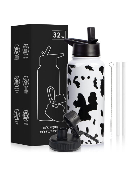 Botella de Agua Aislada CLQFDT 32oz Acero Inoxidable Estampado Vaca Botella de Agua Aislada CLQFDT 32oz Acero Inoxidable Estampado Vaca