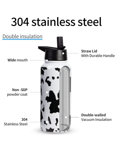 Botella de Agua Aislada CLQFDT 32oz Acero Inoxidable Estampado Vaca