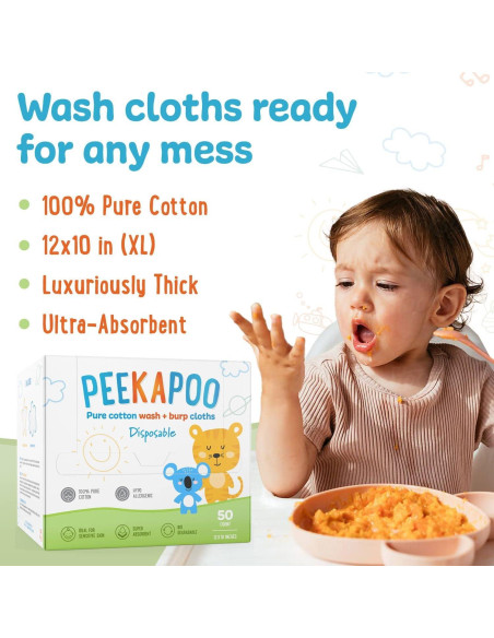 Toallitas Desechables de Algodón Peekapoo - 50 Unidades, Biodegradables, Suaves y Hipoalergénicas