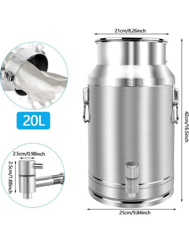 Lata de Leche Acero Inoxidable 304 20L con Grifo y Tapa Sellada