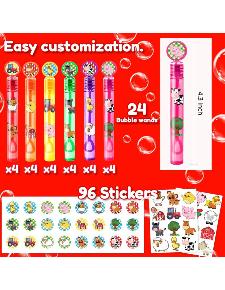 24 Burbujas de Animales de Granja + 96 Stickers Fiesta