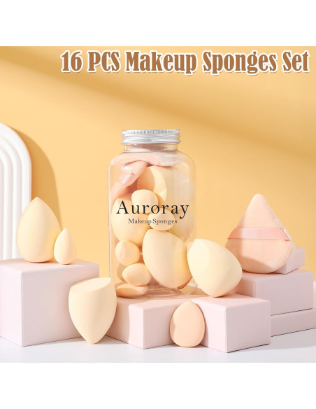 Set 16 Esponjas de Maquillaje Auroray - 6 Grandes, 4 Mini, 6 Puffs