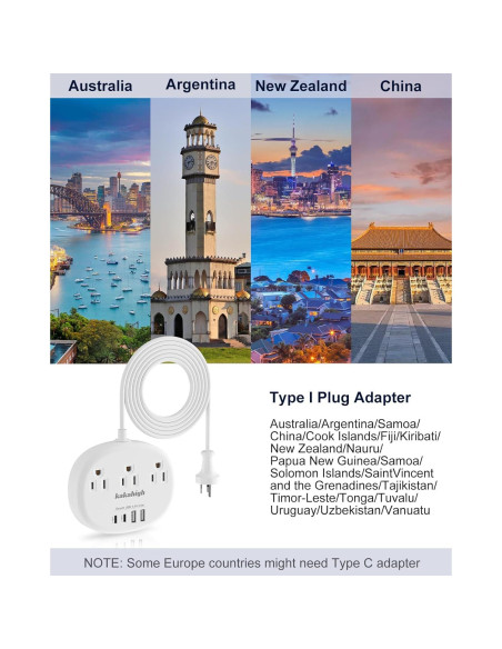 Adaptador de Enchufe KAKAHIGH Tipo I a Australia 7 en 1 USB