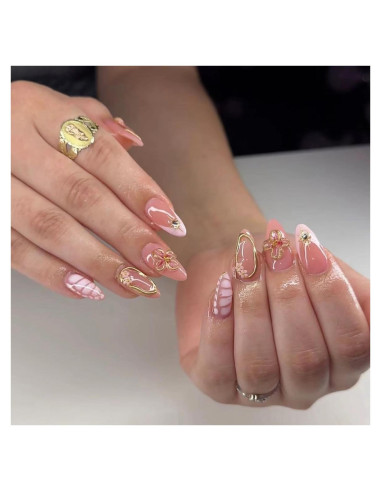 24 Uñas Falsas Almendra FIEONCIY con Diseño Floral y Kit