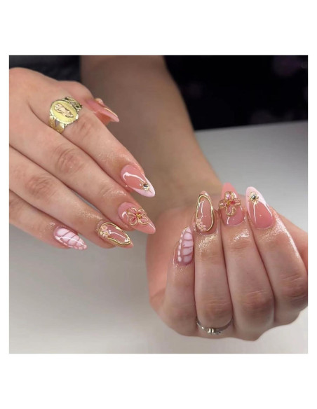 24 Uñas Falsas Almendra FIEONCIY con Diseño Floral y Kit