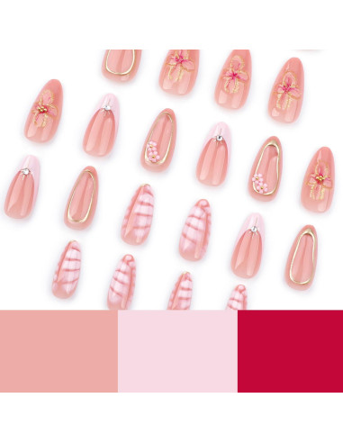 24 Uñas Falsas Almendra FIEONCIY con Diseño Floral y Kit