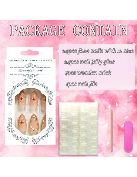 24 Uñas Falsas Almendra FIEONCIY con Diseño Floral y Kit