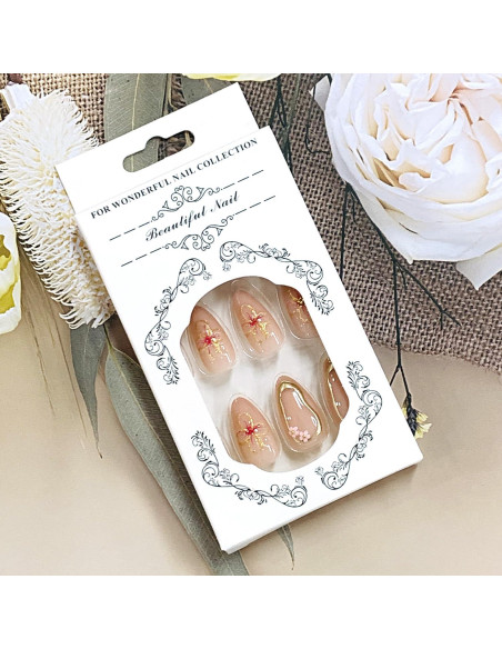 24 Uñas Falsas Almendra FIEONCIY con Diseño Floral y Kit