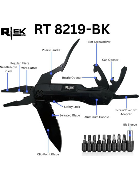 Multiherramienta Rtek 11.4 cm Cuchillo Plegable 9 en 1 Negro