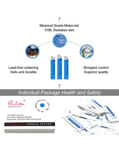 50 Agujas Microblading Pinkiou 18 Pin Acero Inoxidable