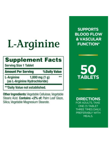 L-Arginina Nature's Bounty 1000mg 50 Tabletas Vegetales