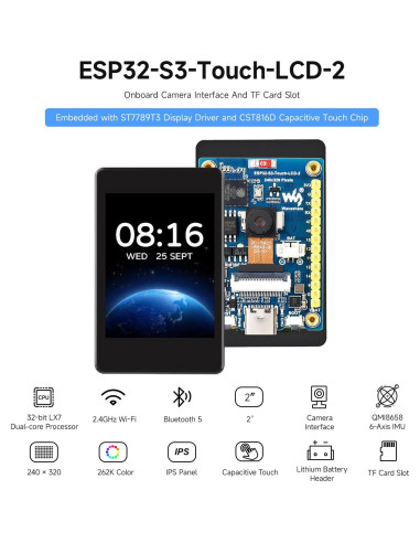 Placa de Desarrollo Waveshare ESP32-S3 con Pantalla Táctil 2"