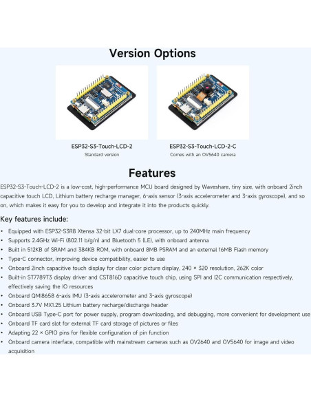 Placa de Desarrollo Waveshare ESP32-S3 con Pantalla Táctil 2" Placa de Desarrollo Waveshare ESP32-S3 con Pantalla Táctil 2"