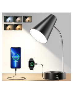 Lámpara de Escritorio LED RUNTOP Negra, 5 Niveles de Brillo, USB y Tipo C