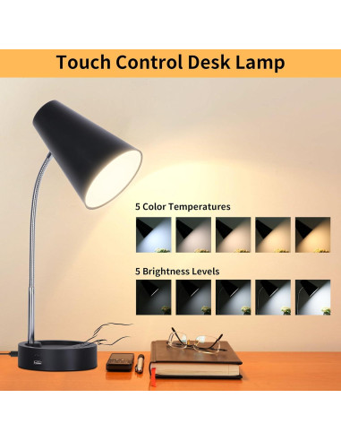 Lámpara de Escritorio LED RUNTOP Negra, 5 Niveles de Brillo, USB y Tipo C