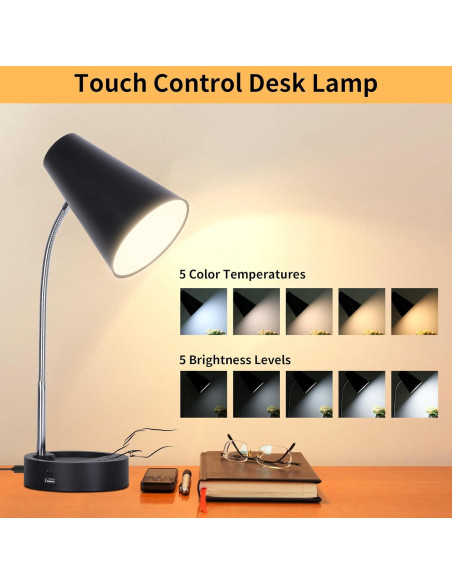 Lámpara de Escritorio LED RUNTOP Negra, 5 Niveles de Brillo, USB y Tipo C